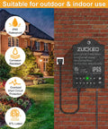 Low Voltage Outdoor Landscape Lighting Transformer With Dusk To Dawn Sensor And Countdown Timer 120V To 24V mounted on brick wall