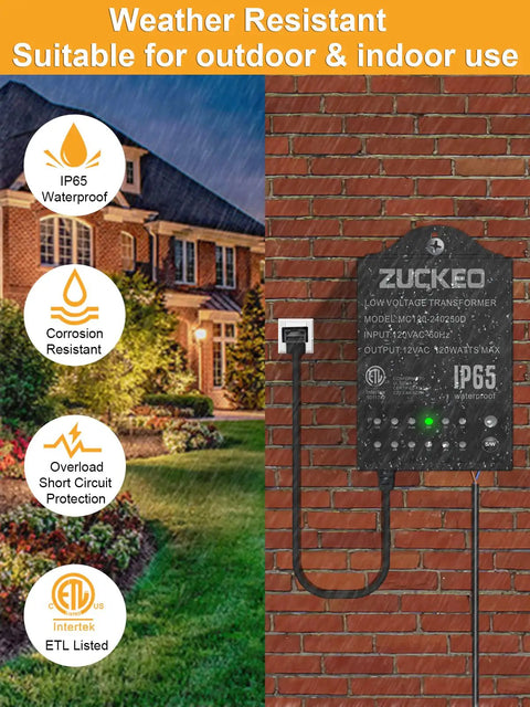Low Voltage Outdoor Landscape Lighting Transformer With Dusk To Dawn Sensor And Countdown Timer 120V To 24V mounted on brick wall