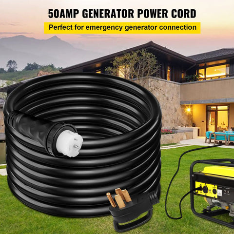 Road Ready 30 Foot 50 Amp Generator Extension Cord With Twist Lock Connectors Pure Copper Power Cable coiled for easy use.