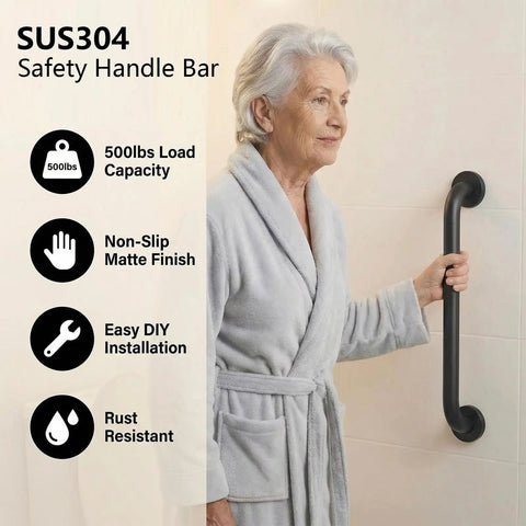 Hella Secure 12 Inch Stair Handrail And Wall Mounted Safety Grab Bar For Indoor Outdoor Steps providing a tight non slip matte black grip.