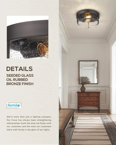 Oil Rubbed Bronze Farmhouse Flush Mount Ceiling Light With Seeded Glass Shade in hallway setting