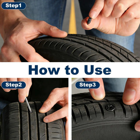 Steps to use Portable Tire Repair Kit With 60 Pcs Plug Set Rubber Plug Nails And Screwdriver for puncture fix on tire