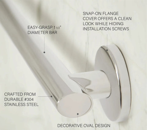 Close-up of 36 Inch Decorative Oval Wall Mount Grab Bar With Concealed Flanges, ADA Compliant Satin Finish, Stainless Steel Safety Bar for Bathrooms