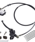 Upgraded Hydraulic Brake System For Mini Bikes Left Side Mount With Seven Eighths Inch Handlebars And Fifty Inch Hose Compatible With Baja Doodlebug DB30 Minibikes And Go Karts, featuring hose, brake lever, pads, screws, and cable ties.
