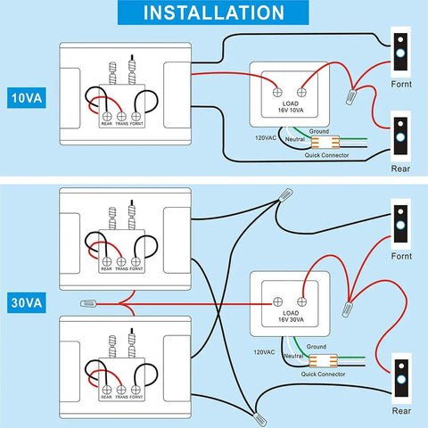 Installation diagram of 16V 30VA Hardwired Doorbell Transformer and 10VA transformer for home setup, with wiring instructions.