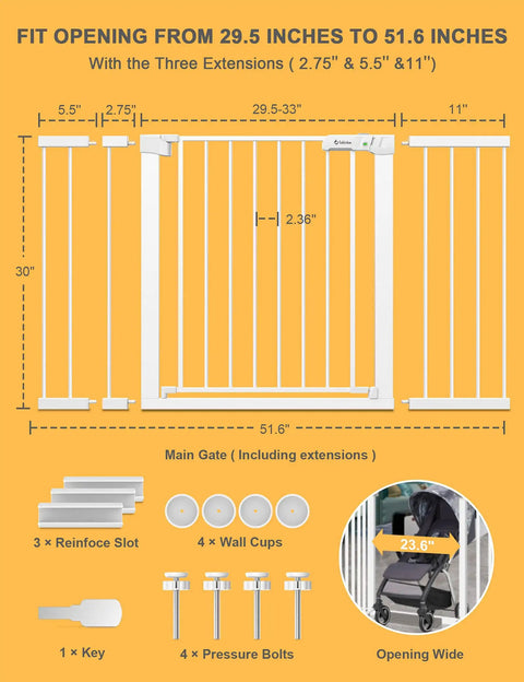 Diagram of Auto Close Safety Baby Gate, Extra Tall and Wide, Pressure Mounted Kit with extensions and accessories