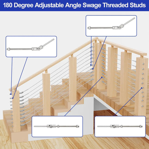Installation of angled swage threaded stud kit with six inch length three sixteenth inch thread for cable railing on 4x4 wood posts.