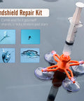 Upgraded Windshield Repair Kit For Chips And Cracks Fast Fix With Pro Grade High Pressure Resin Injection And Nano Resin For Crystal Clear Bubble Free Long Lasting Results Orange device on windshield with syringe.