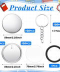Image showing contents of 100 Sets Button Maker Kit 58mm 2.25 Inch Includes 100 Metal Shells 100 Films 100 Back Covers 100 Keychains and 1 Ring.