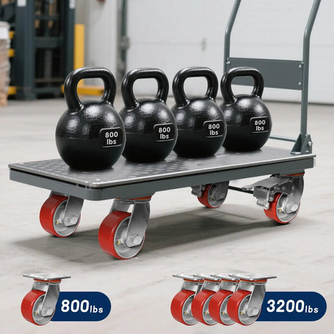 Heavy Duty Casters Set Of 4 Featuring Rock Solid Polyurethane Wheels And Cast Iron Cores For A Bump Free Roll on a flat platform cart with kettlebells.