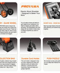 Infographic of 15 Amp Electric Wood Chipper Shredder features, showing wheels, dual-edge blades, collection bag, and push stick.