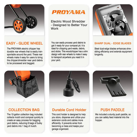 Infographic of 15 Amp Electric Wood Chipper Shredder features, showing wheels, dual-edge blades, collection bag, and push stick.