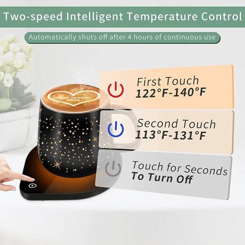 Personalized Coffee Mug Warmer With Auto Shut Off Sensor Touch Smart Heating Coaster Desk Essential Keeps Your Daily Brew Hot Gift That Slaps For Coffee Tea Lovers Straight Fire Vibe Included, showing temperature control on warming coaster.