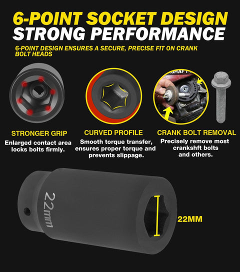 22mm Harmonic Balancer Socket, 1/2 Inch Drive, Deep Impact, 6-point design for crank bolt removal and strong grip