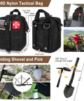 Emergency survival kit bag, front view: black 600D nylon with MOLLE straps and patches.  
Emergency survival kit bag, side view: compact black pack with handle, zippers and drain hole.  
Emergency survival kit bag installed on car seat headrest for vehicle use.  
Folding shovel and pick tool close-up: folding, adjustable angle, 16 in length.