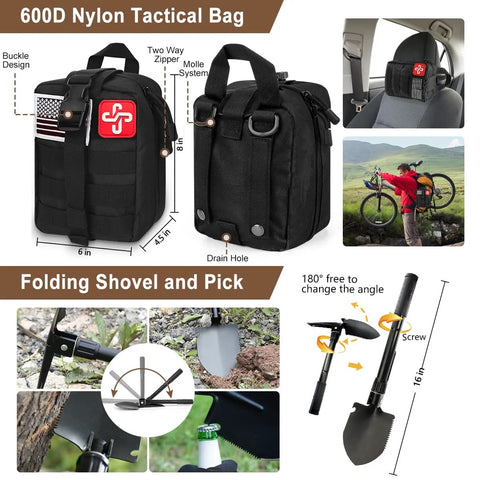 Emergency survival kit bag, front view: black 600D nylon with MOLLE straps and patches.  
Emergency survival kit bag, side view: compact black pack with handle, zippers and drain hole.  
Emergency survival kit bag installed on car seat headrest for vehicle use.  
Folding shovel and pick tool close-up: folding, adjustable angle, 16 in length.
