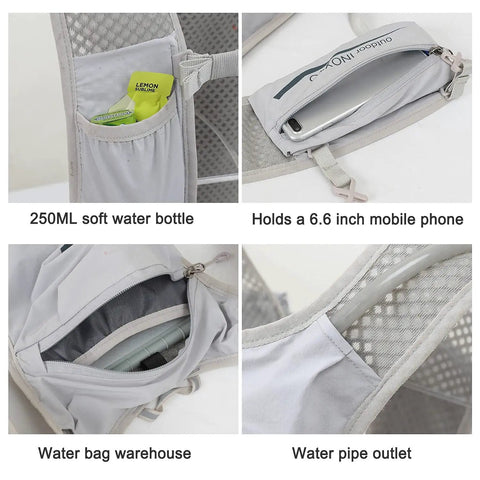 Lightweight Hydration Vest Backpack With 1.5L Insulated Water Bladder, close-up of pockets and storage features, light gray