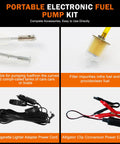 Portable electronic fuel pump kit components with filter, cigarette lighter adapter, and alligator clip cable displayed.