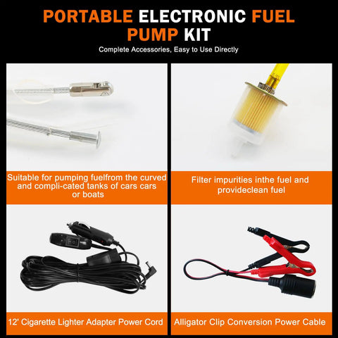 Portable electronic fuel pump kit components with filter, cigarette lighter adapter, and alligator clip cable displayed.