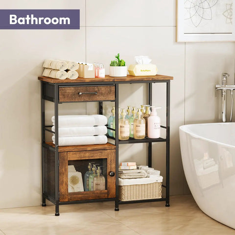 Bathroom setup with wooden and metal cabinet storing towels, toiletries, and decor next to a bathtub on a tiled floor.