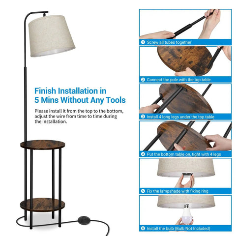 Space Saving Floor Lamp With Attached End Tables Two Handy Round Tables For Bedroom Living Room Or Office Adjustable Reading Lamp Farmhouse Style Nightstand Light