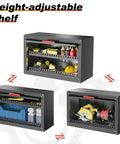 Beefy Garage Wall Cabinet With Up Flip Door Design showing adjustable shelf and metal tool storage for workshop organization.