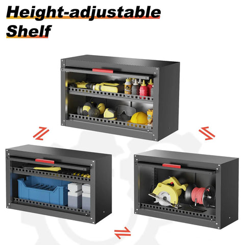 Beefy Garage Wall Cabinet With Up Flip Door Design showing adjustable shelf and metal tool storage for workshop organization.