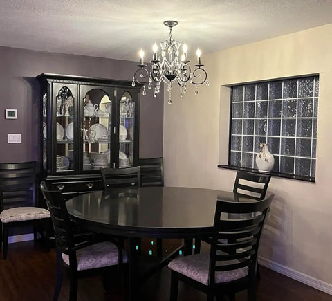 Dining room with Bronze Crystal Six Light Candle Chandelier With Metal Pendant Ceiling Light For Bedroom Dining Room Kitchen And Living Room, Vintage Bronze Finish, 26.8 Inch Width And 16.5 Inch Height, 47.24 Inch Adjustable Chain.