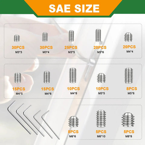 Display of All In One 362-Piece Set Screw Kit With Metric M3 To M8 And SAE 1/8 To 5/16 Inch Sizes, screws and hex wrenches