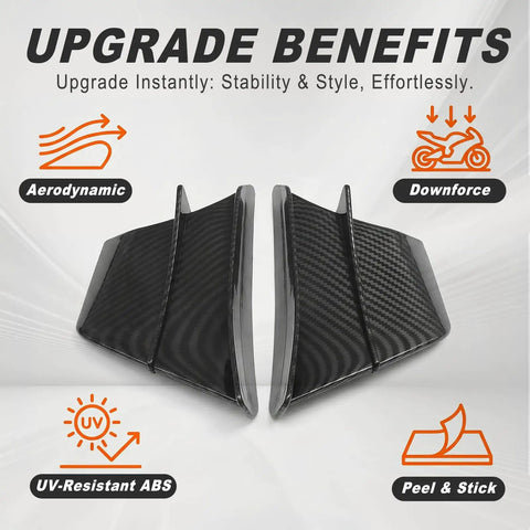 Carbon Fiber Black Motorcycle Winglets, Glossy Self-Adhesive Fairing Wings, Aerodynamic Spoiler Deflectors displayed against text.