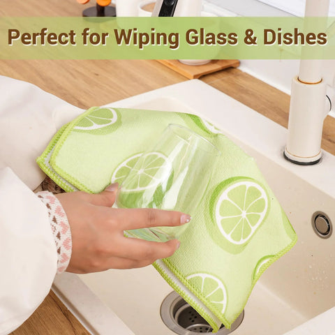YUA microfiber cleaning cloth, green lemon pattern, for dishes; wiping a glass in a kitchen sink