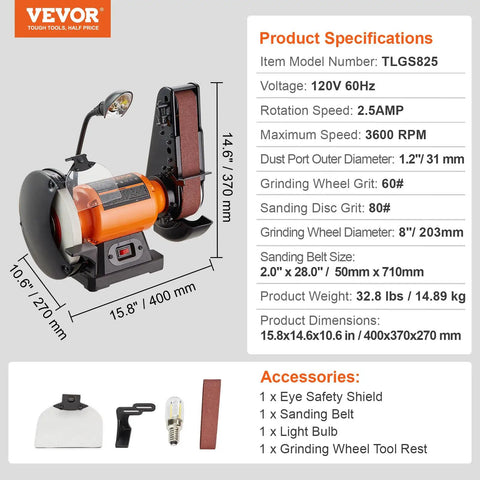 Heavy Duty Bench Grinder And Belt Sander Combo featuring a rock solid 8 inch grinding wheel with 2x28 belt, 2.5 Amp induction motor.