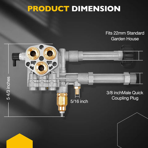 Diagram of Beefed Up Complete Pump Head With Unloader And Thermal Relief Valve For Pressure Washer Replacement Kit with dimensions