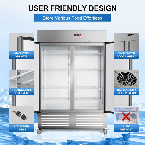 User-friendly design of Rock Solid Heavy Duty 54 Inch Commercial Refrigerator Two Door Stainless Steel Reach In with adjustable shelves.