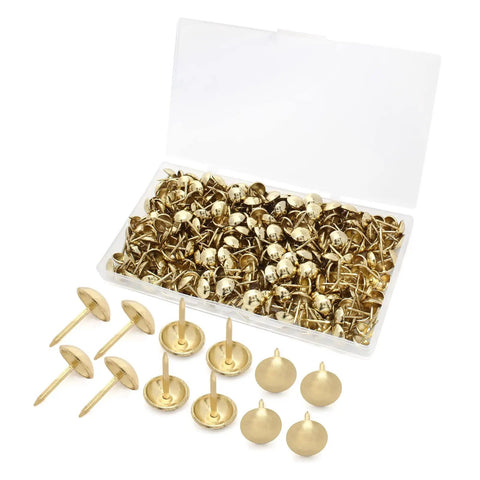 Upgrade Your Furniture Game With These Top Shelf Gold Upholstery Tacks 300 Piece Kit featuring gold tacks with 0.43 inch round heads.