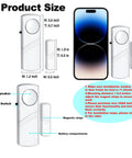 Loud Wireless Door And Window Alarm Pack showing product size, magnetic sensor, and 90dB speaker with installation instructions.
