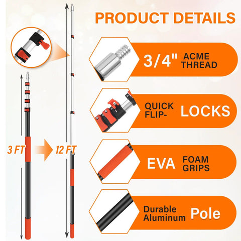 High Reach Duster With Telescoping Extension Pole 5 To 20 Feet, 26 Feet Total Cleaning Reach, 4 In 1 Cleaning Kit For Windows Ceilings Fans And Shelves, Ditch The Ladder Easy Switch Tools For Quick Home Cleanups. 3/4 inch ACME thread aluminum pole with EVA foam grips and quick flip locks