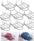 Eight Piece Wire Hat Display Racks For Slatwall Black Metal Baseball Hat Racks installed on slatwall and pegboard with hats