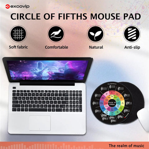 Round Mouse Pad With Circle Of Fifths Design, Premium Textured Surface next to laptop, Washable Non Slip Rubber Base