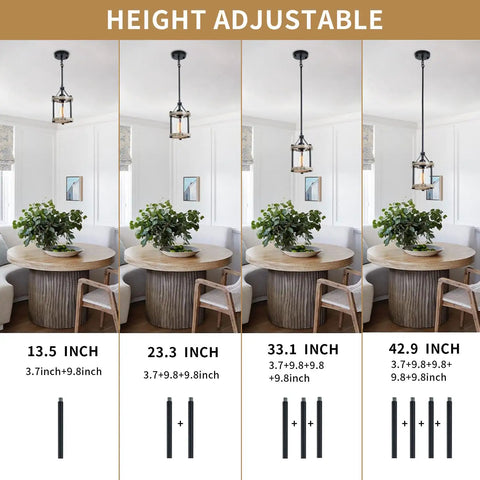 Farmhouse Rustic Pendant Light With Wood And Metal Cage Glass Shade, 43 Inch Adjustable Hanging Light For Kitchen Island Foyer And Hallway, On Point For Flat Or Sloped Ceilings, 2 Pack