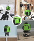 360 Degree Laser Level For Tiling And Layout Self Leveling Pro Grade Horizontal And Vertical Cross Line Laser For Floors Walls Ceilings With Hard Case Perfect For Squaring Framing And Cabinet Installations mounted on tripod, green body