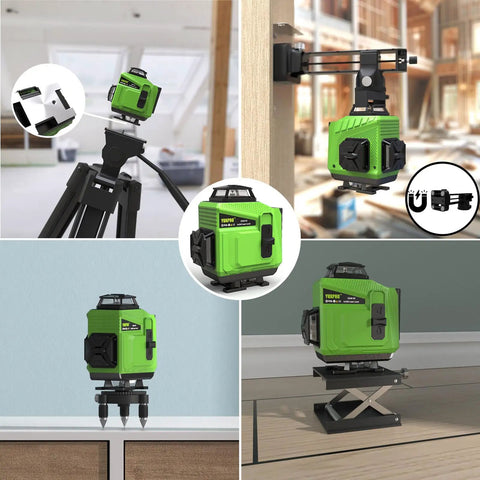 360 Degree Laser Level For Tiling And Layout Self Leveling Pro Grade Horizontal And Vertical Cross Line Laser For Floors Walls Ceilings With Hard Case Perfect For Squaring Framing And Cabinet Installations mounted on tripod, green body