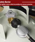 Close-up of a six-foot propane hose with regulator connected to a tank, showing safety features for grills and fire pits.