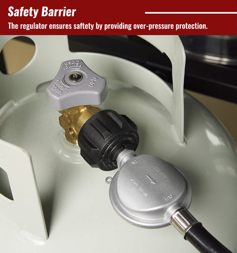 Close-up of a six-foot propane hose with regulator connected to a tank, showing safety features for grills and fire pits.