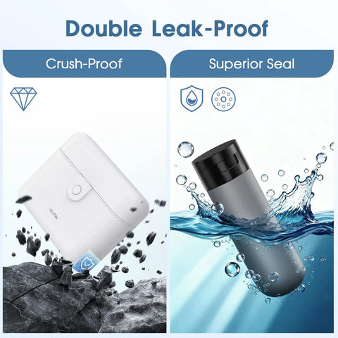 Travel Bottle Set With Case Four 2oz TSA Approved Containers Leak Proof Design demonstrating crush-proof and superior seal features.