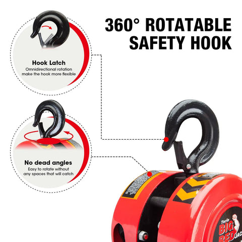 Heavy Duty 3 Ton Manual Chain Hoist With 6000 Lb Capacity And 10 Foot Travel showing 360° rotatable safety hook for flexibility.