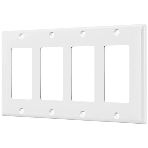 Decorator Light Switch Or Receptacle Wall Plate With Gloss Finish, 4-Gang, 4.50 x 8.19 Inches, White, Side Angle View