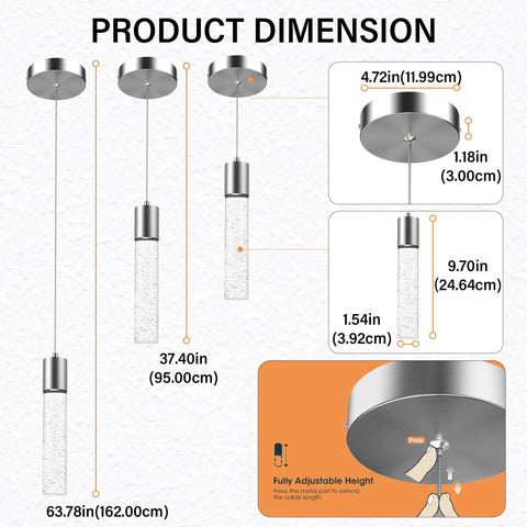Dimensions of 3 Pack Modern Pendant Lights For Kitchen Island With Glittering Crystal Bubbles, 6500K Daylight Brushed Nickel Hanging Fixtures.