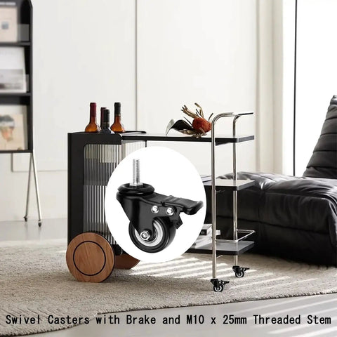 Heavy Duty Polyurethane Swivel Caster Wheels Set Of Four With Parking Brakes M10x25mm Threaded Stem close-up on furniture cart