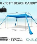 10x10 Ft Beach Sun Shelter Tent With Lycra Canopy Adjustable 2 Or 4 Pole Setup on sandy beach, fits 6 to 8 people